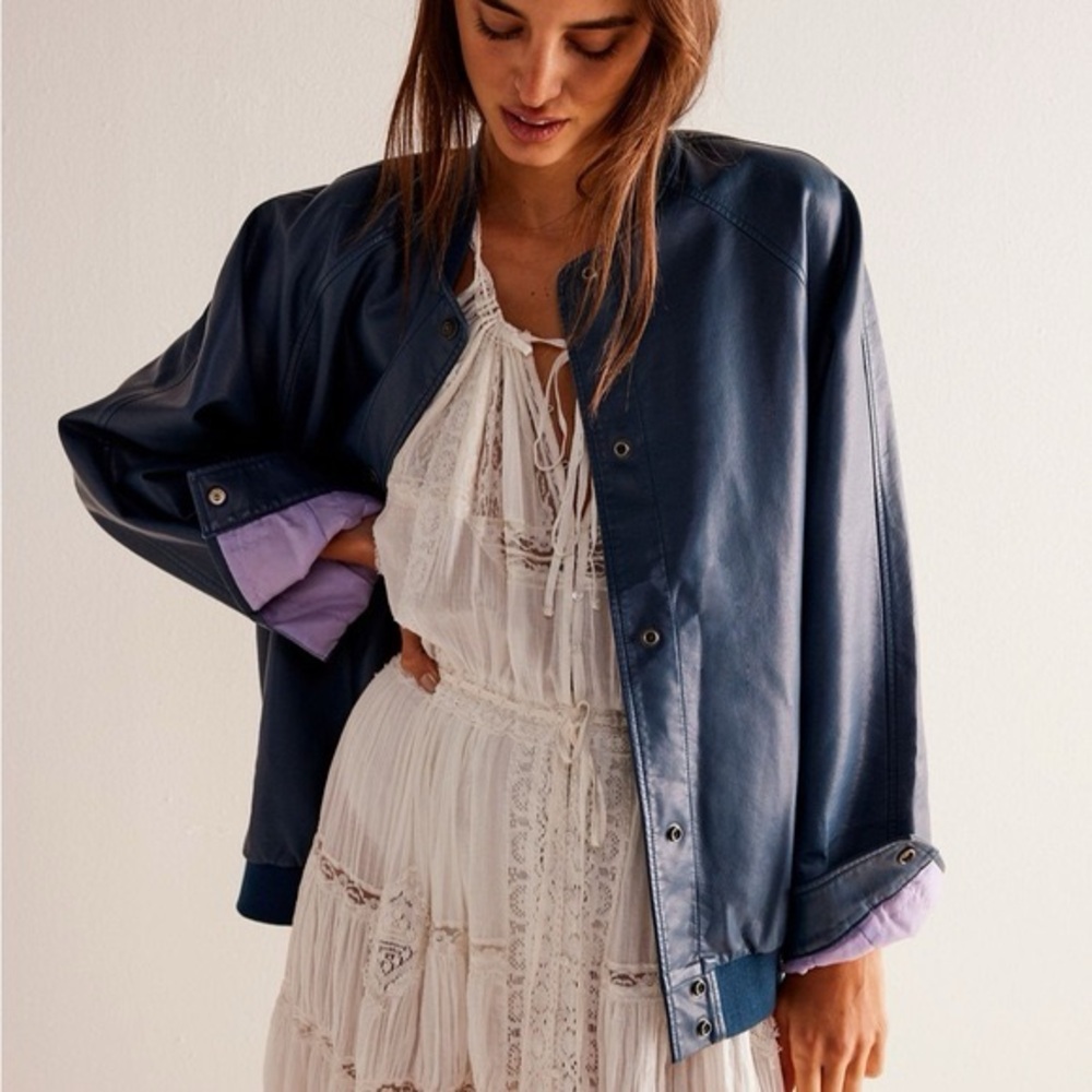 We The Free Blue vegan Leather Bomber Jacket NWOT